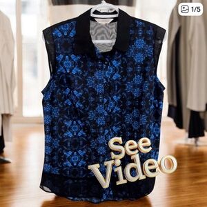 👛 2/$15 Roomy NORTHERN REFLECTIONS Hi-Lo Blue/Black Cap Sleeve Blouse
